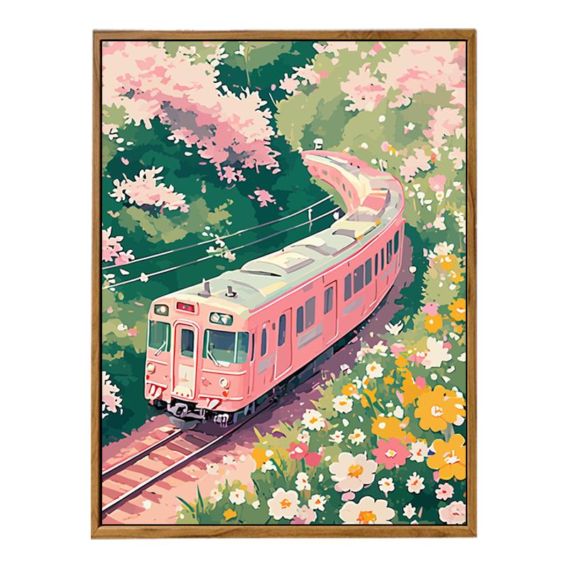 樱花春天列车数字油画DIY风景画