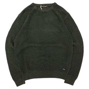 深绿重磅粗针毛衣男阿美咔叽圆领套头全棉毛衫日系复古宽松毛线衣