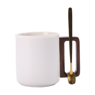 欧式创意木手柄咖啡杯子不锈钢轻奢水杯子情侣陶瓷马克杯定制logo