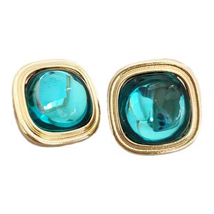 古董vintage小香风中古几何琥珀蓝色耳夹复古无耳洞耳饰女585