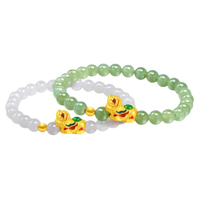 老庙黄金足金和田玉平安舞狮双色手串3D鸿运鎏彩瑞兽守护金玉满