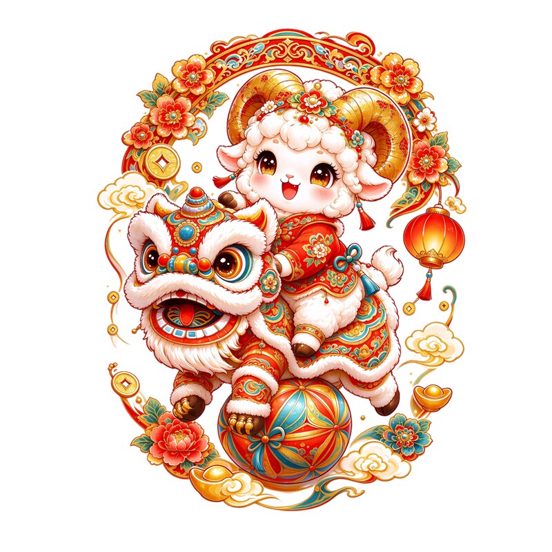 国潮可爱小羊玻璃贴骑醒狮年画贴纸新年吉祥花卉元宝喜庆装饰贴纸