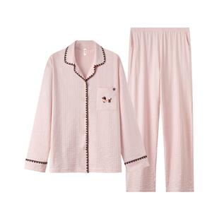 芬腾女士睡衣春秋季纯棉开衫长袖套装简约时尚休闲大码家居服春天