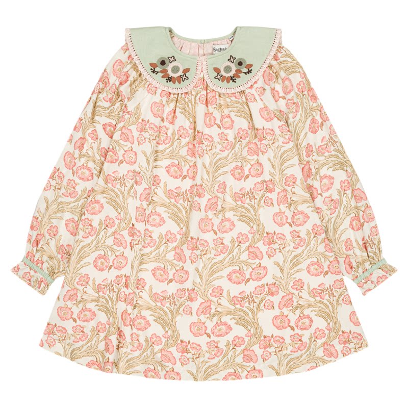 Little现货法国bachaa FW26秋冬女宝长袖印花刺绣连衣裙过膝长裙