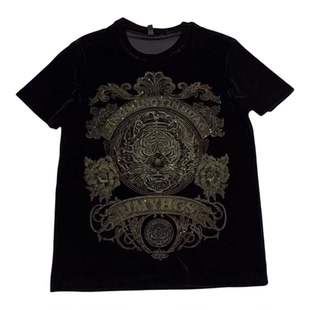 欧美宫廷风短袖T恤男金丝绒秋冬款烫钻虎头修身小众帅气潮流上衣