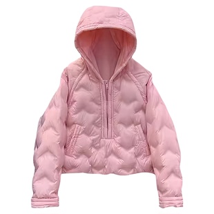 韩系简约风2025冬白鸭绒短款连帽轻薄羽绒服不规则绗缝保暖超显瘦