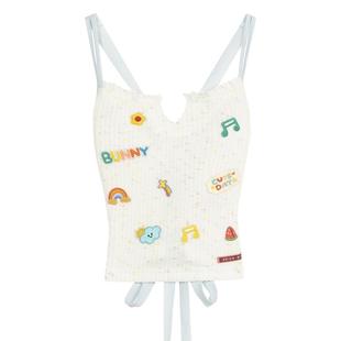 KEIKO 甜心辣妹 露背交叉绑带背心2026春夏白色刺绣露脐短款上衣