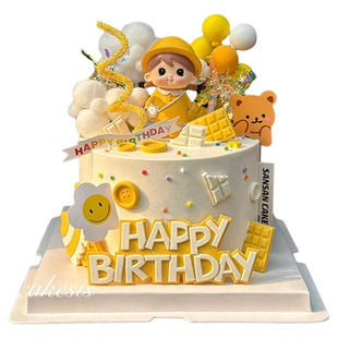 包邮黄衣萌萌小女孩生日蛋糕装饰摆件黄色帽子可爱背包女娃娃插件