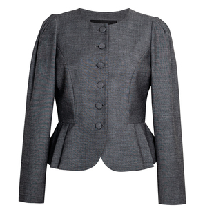 罗衣高级深灰色修身短外套女春装气质通勤圆领荷叶边老钱风11123