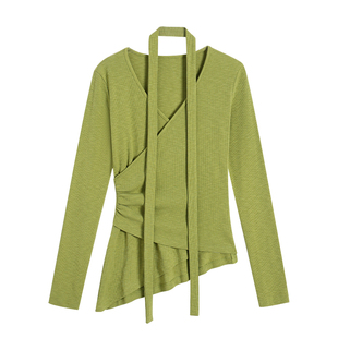 NEVA HU 交叉v领针织衫长袖t恤女新款设计感小众修身气质飘带上衣