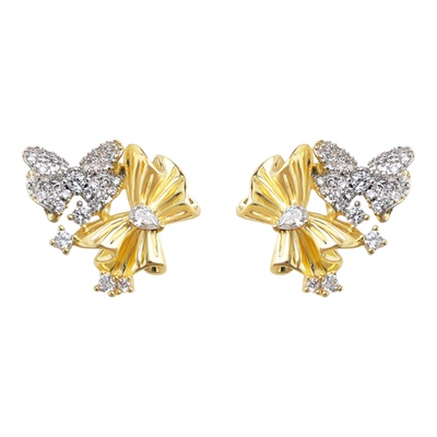 立体褶皱感蝴蝶镀双色真金耳钉