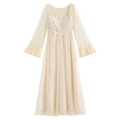 春秋带胸垫甜美长袖网纱睡裙女