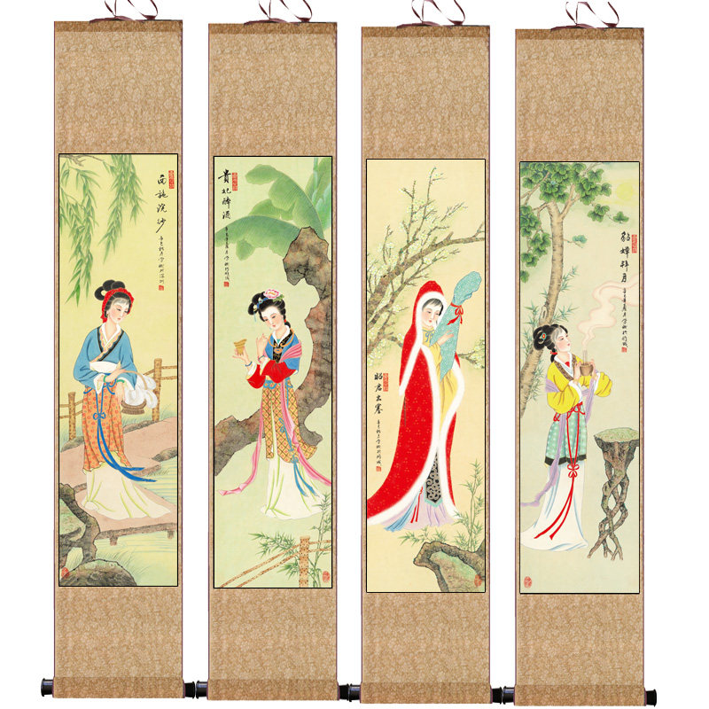清代名家春夏秋冬山水丝绸挂画