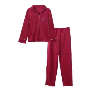 芬狄诗秋冬情侣款丝绒灯芯绒翻领开衫家居服2件套装女睡衣FL00021