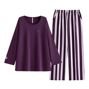 悦内带胸垫睡衣女士春季款秋季纯棉长袖家居服圆领休闲条纹可外穿