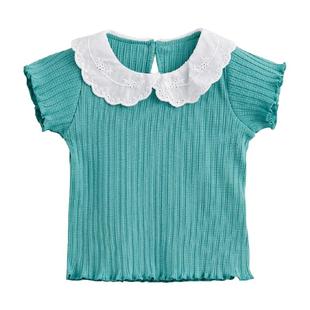 马克珍妮女童绣花娃娃领针织纯棉短袖T恤儿童上衣宝宝夏装230679