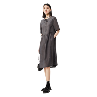 古木夕羊时尚绣花领设计短袖连衣裙女夏季通勤百搭减龄中长裙