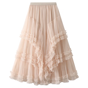 1298 重工大摆蛋糕裙半身裙春秋长裙新款高腰纱裙仙女网纱裙子