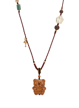 珞石萌趣木质屁熊吊坠项链复古编织绳轻奢设计感锁骨链可爱毛衣链
