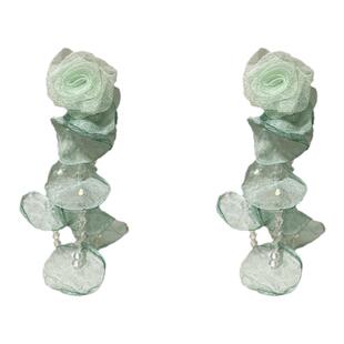 薄荷曼波绿色海边度假风水晶花朵流苏耳钉女长款夸张大气耳环耳饰