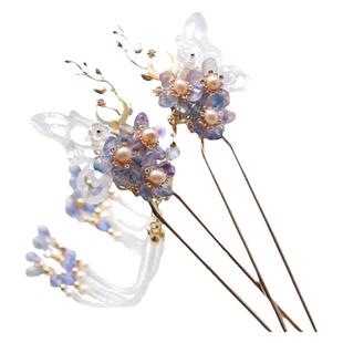 青雀记手工原创长流苏发簪洒金汉服步摇簪子复古风发钗套装月半影