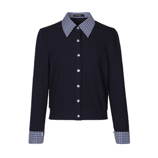 乡美媚撞色假两件针织开衫女学院风格子拼接设计感显瘦上衣