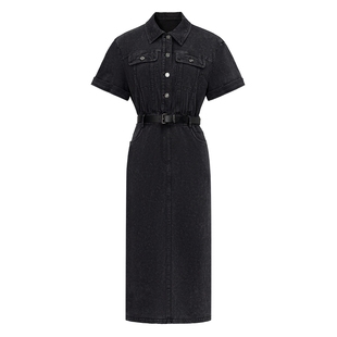 FF仿佛连衣裙2025春新款复古翻领修身女短袖气质收腰