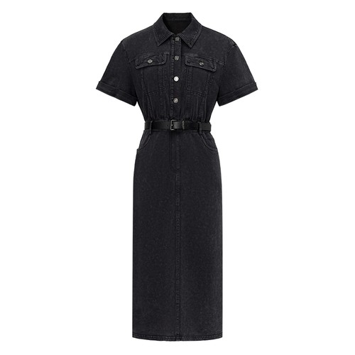 FF仿佛连衣裙2025秋新款复古翻领修身女短袖气质收腰