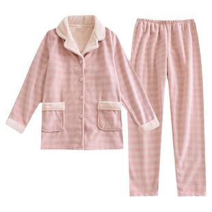 冬季珊瑚绒睡衣男女秋冬日系简约格子加绒保暖情侣法兰绒家居服套