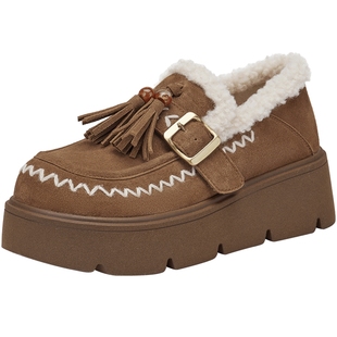 热风厚底乐福鞋女2025年冬季新款复古加绒休闲鞋小个子增高毛毛鞋