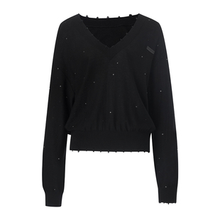 EVAOUXIU静奢风绵羊毛衣女2026年春新商场同款V领烫钻宽松针织衫