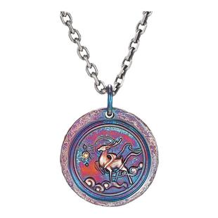 手工定制【敦煌-九色鹿】圆牌吊坠男女个性百搭99足银镶金项链