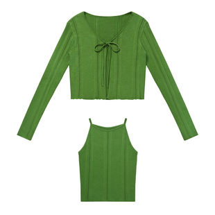 LLANO绑带针织开衫两件套背心长袖复古法式毛衣上衣外套女夏秋季