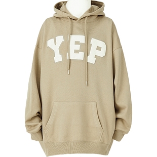 yep连帽美式复古字母卫衣女春秋中长款上衣外套发泡棕色oversize