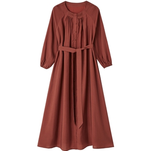 德玛纳甜美浪漫褶裥圆领连衣裙女春秋新款系带宽松大摆式娃娃裙