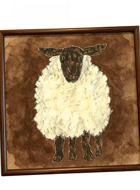 可爱小羊砂岩画实木框客厅挂画