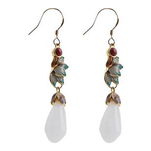 s925银镀金景泰蓝耳饰仿真天然白玉兰花耳坠复古宫廷风小仙女耳环