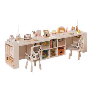 儿童实木书桌书柜一体靠墙家用学生学习桌双人2025新款写字长桌子