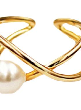 Unfolds珍珠戒指女交叉线条开口