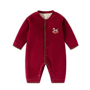 Oak mont婴儿连体衣冬装满月周岁宝宝加绒爬服新年红色喜庆拜年服