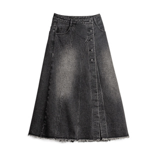 马登烟灰色复古开衩牛仔高腰毛边半身裙显瘦A字伞中长裙子女士春