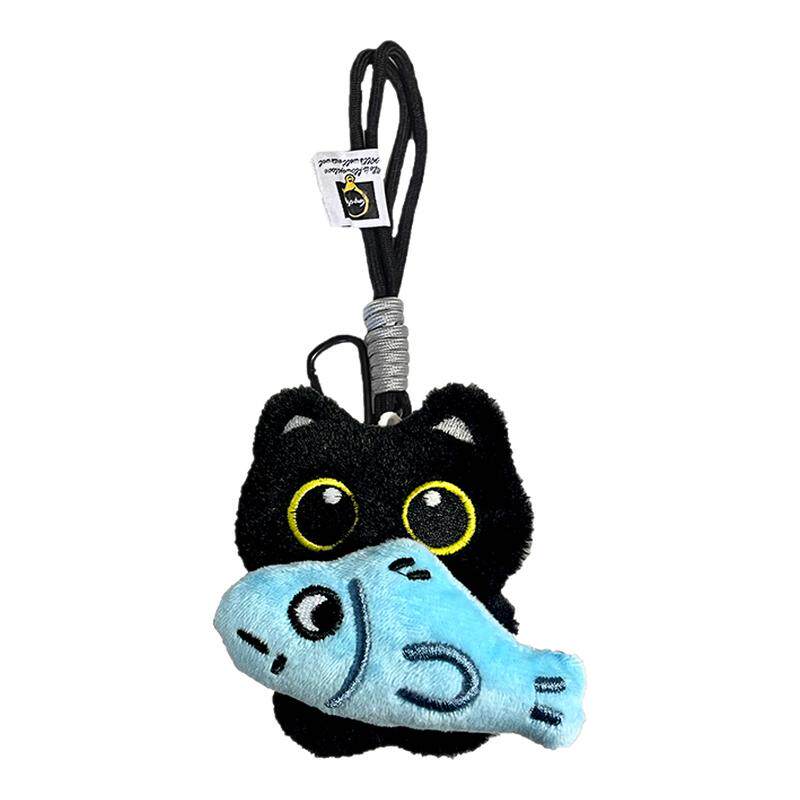 可爱呆萌抱小鱼大眼黑猫毛绒玩偶情侣包挂件创意苹果小黑猫钥匙扣