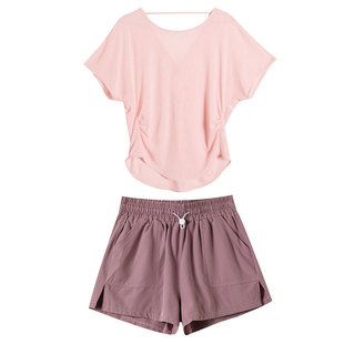 跑步运动套装女夏薄款晨跑服时尚宽松网纱罩衫短袖速干短裤健身衣