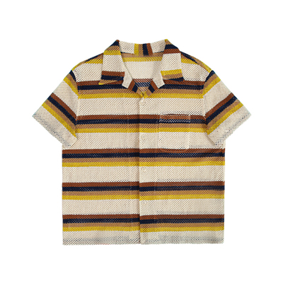 米黄色条纹古巴领短袖衬衫度假