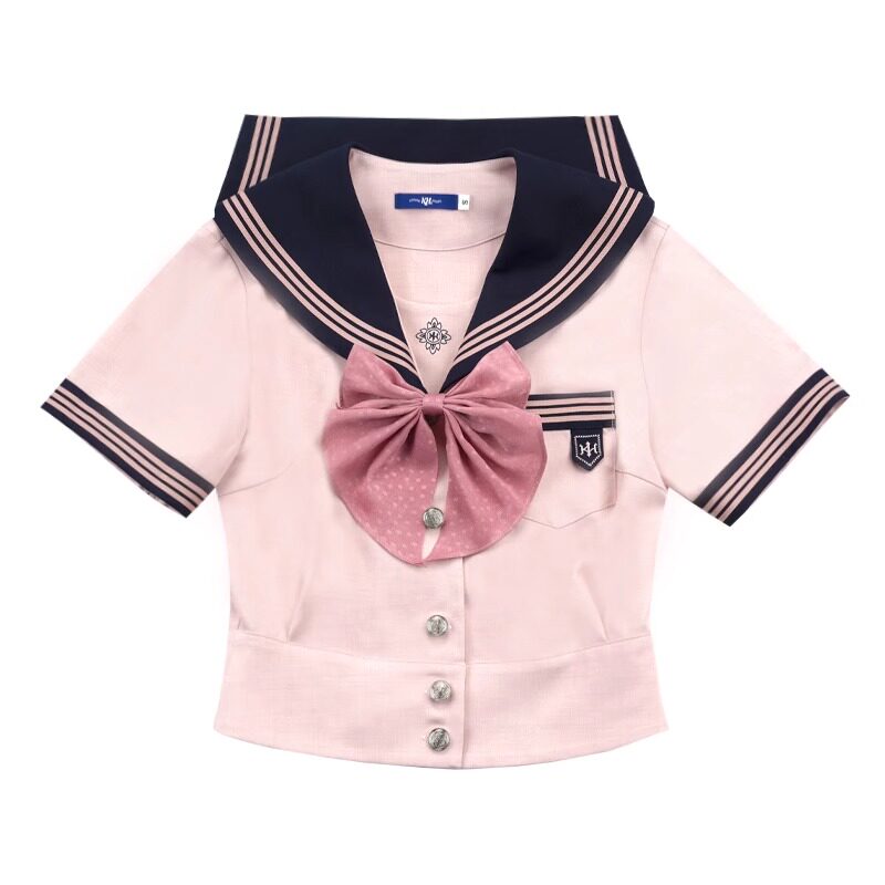 粉色Polo领短袖衬衫女夏季日系学院风洛丽塔收腰短款jk水手服上衣