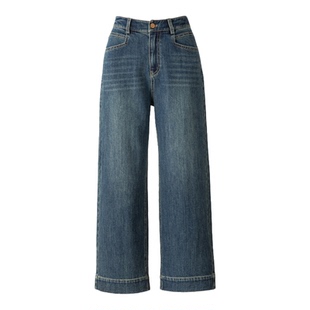 忆霏九分宽边牛仔直筒裤女秋季新款腰松紧小个子显高显瘦阔腿裤