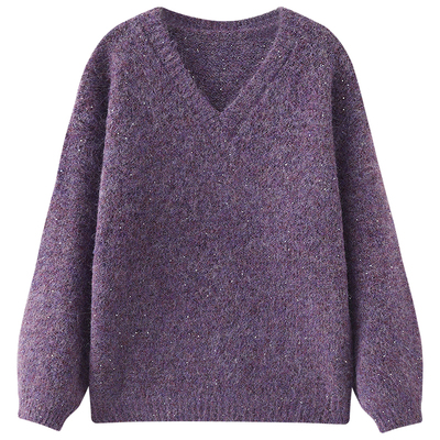 慕兔温柔风紫色V领毛衣