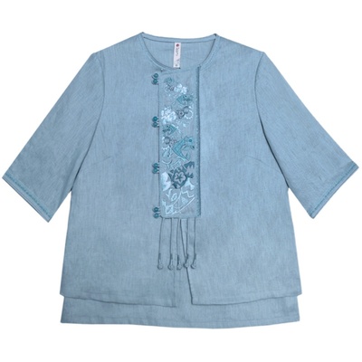 中国风套头短袖亚麻盘扣上衣刺绣