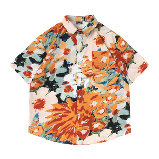 TRAVEL ISLAND 还未成形 复古涂鸦橙色花朵艺术感夏威夷短袖衬衫