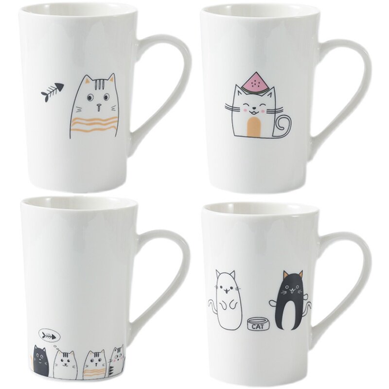 可爱猫咪陶瓷马克水杯子带盖勺北欧情侣早餐杯大容量家用咖啡杯